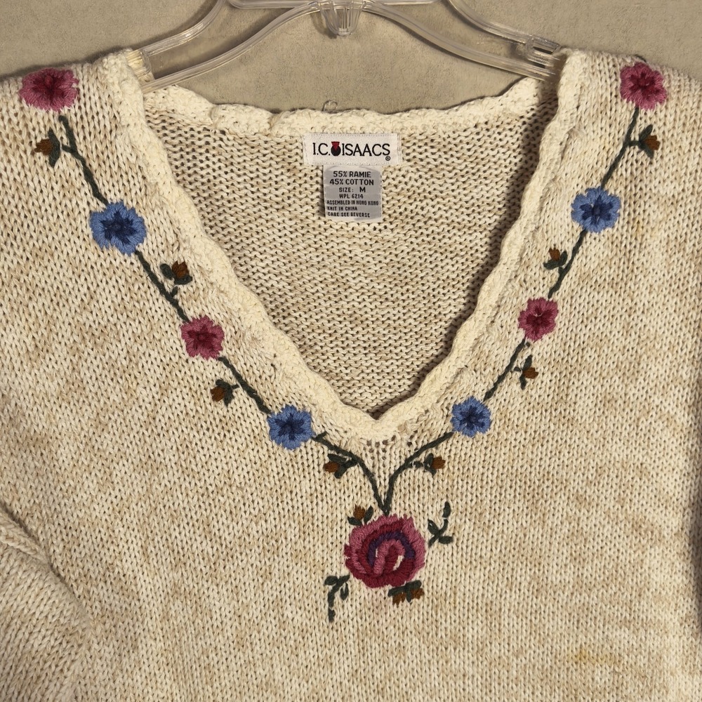 Vintage IC Isaacs Floral Embroidered Ramie Cotton Sweater Womens M - Picture 2 of 8